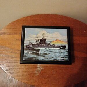 Lacquered Jewelry Trinket Box USS Battleship Art Picture Cream Velvet Lining